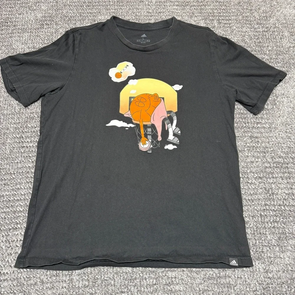 Adidas Mens Graphic T-Shirt Size‎ L Black Basketball Cartoon Short Sleeve
